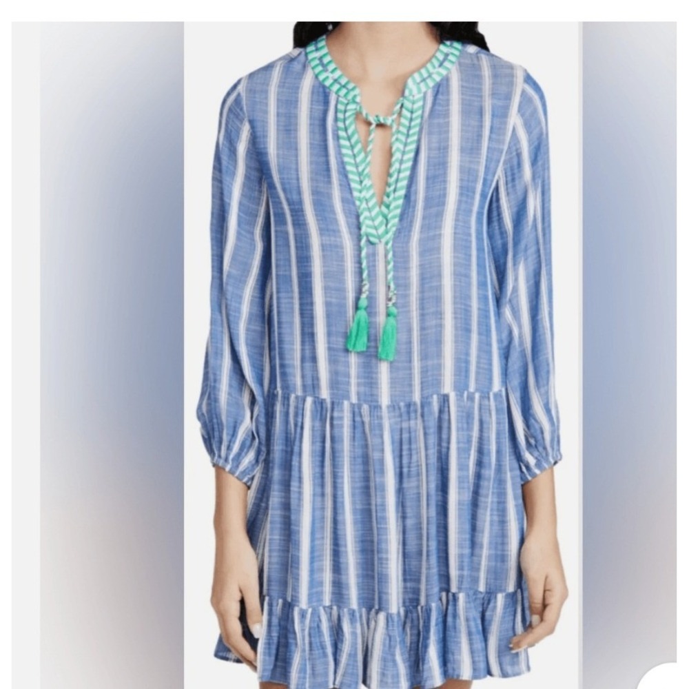 Shoshanna Dress Womens XS Blue Excellent Striped Tassel Tiered Mini 5272197